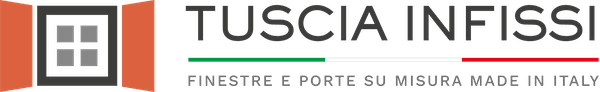 Logo di Tuscia Infissi con finestra stilizzata e bandiera italiana.