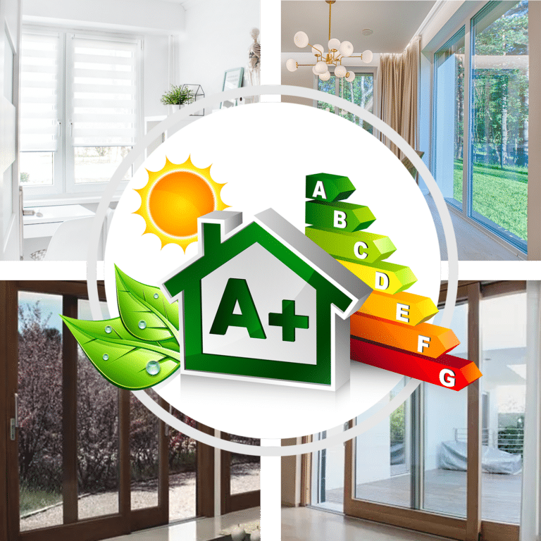 Simbolo efficienza energetica A+ con finestre moderne.