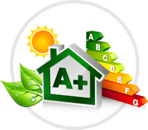 Casa con simbolo A+ e scala efficienza energetica.