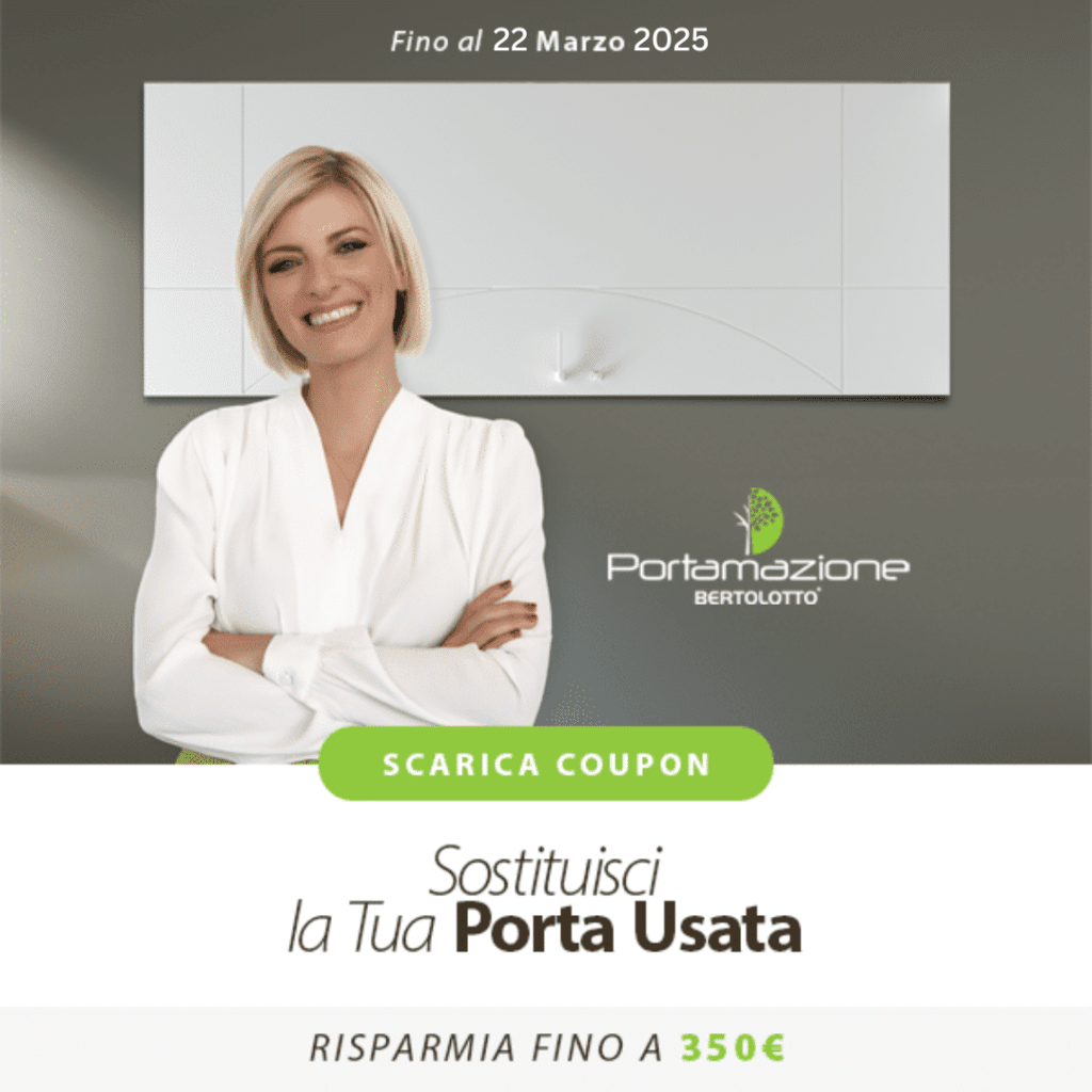 Donna sorridente con sfondo porta, testo promozionale.